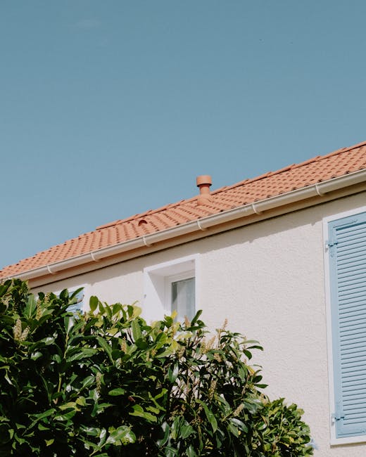 A charming house facade with blue shutters and a terracotta roof under a clear sky.